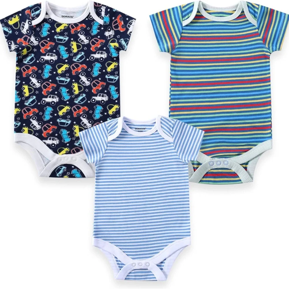 122 NIB DEMAVIE Baby Boy 3-pack Short Sleeve Organic Cotton Bodysuits - 0-3 Mo.‎